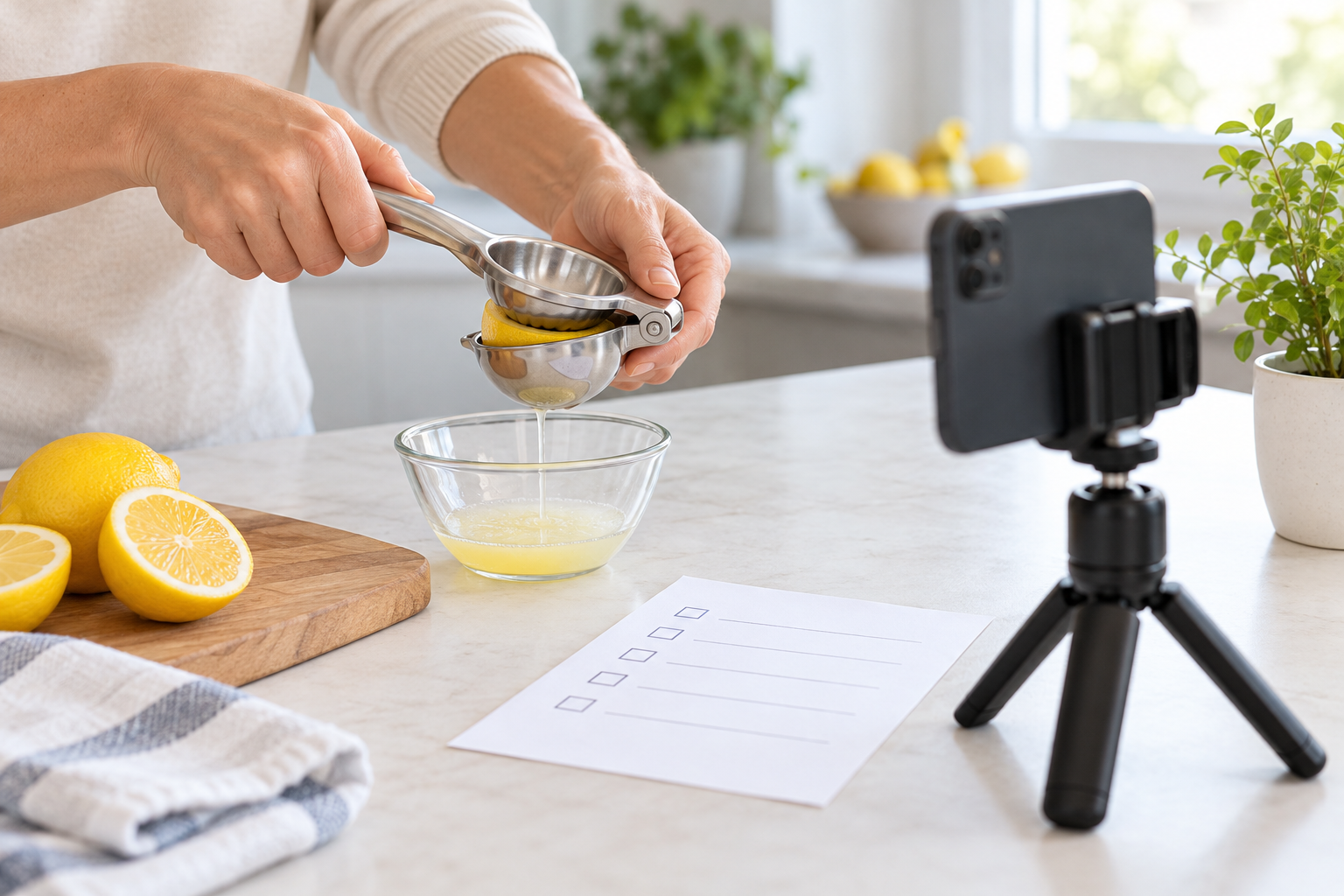 Hands filming a citrus squeezer with a phone on a tripod, a blank checklist beside them